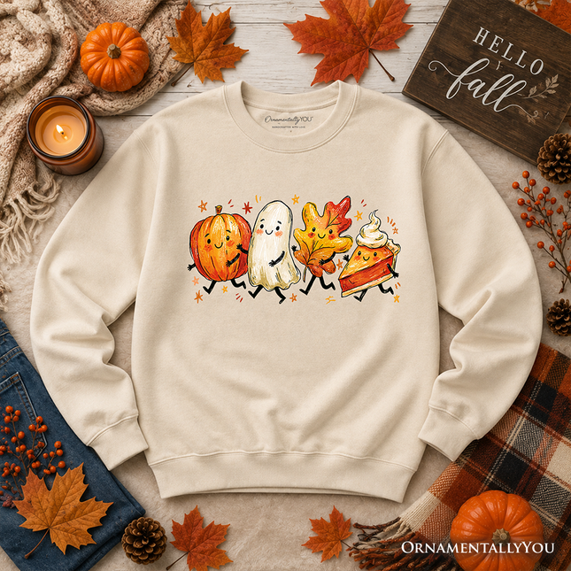 Cute Fall Characters Sweatshirt, Pumpkin Ghost Leaf Pie Autumn Sweater - Dashing Nova