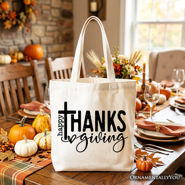 Happy Thanksgiving Minimalist Tote Bag, Christian Religious Fall Gift Shopper - Dashing Nova