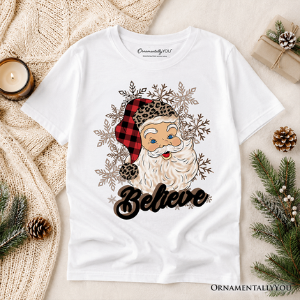 Kids Believe Santa Buffalo Plaid T-Shirt, Retro Christmas Youth Tee - Dashing Nova