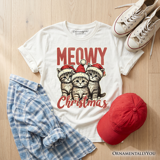 Kids Cute Meowy Christmas T-Shirt, Baby Cat In Santa Hat Holiday Youth Tee - Dashing Nova