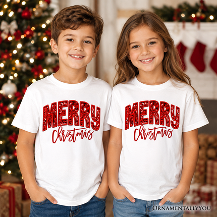 Kids Merry Christmas Sequin T-Shirt, Bold Red Glitter Youth Tee for Festive Holiday Season - Dashing Nova