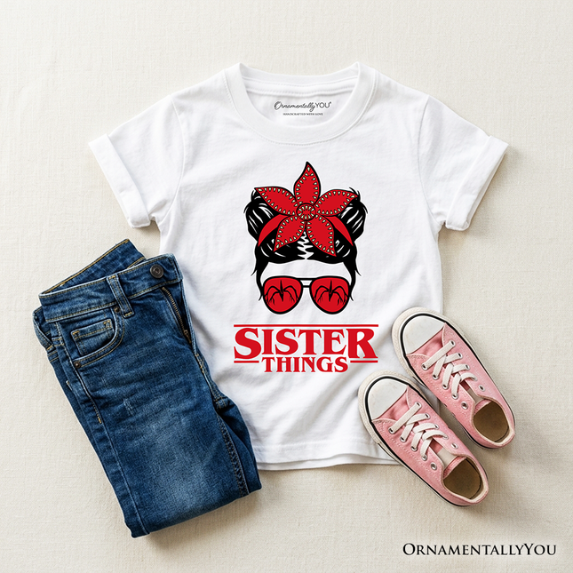 Kids Sister Things Messy Bun Retro T-Shirt, Red Bandana Glasses Family Matching Youth Tee - Dashing Nova