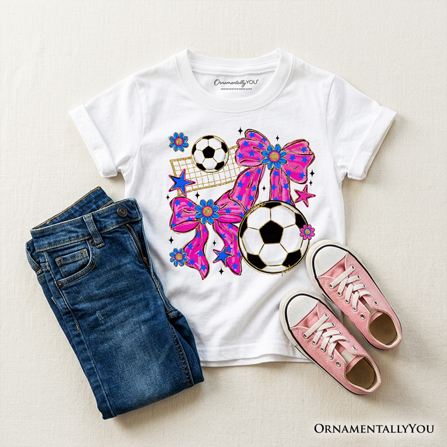 Kids Soccer Coquette Pink Bow T-Shirt, Preppy Game Day Tee for Youth Girls - Dashing Nova