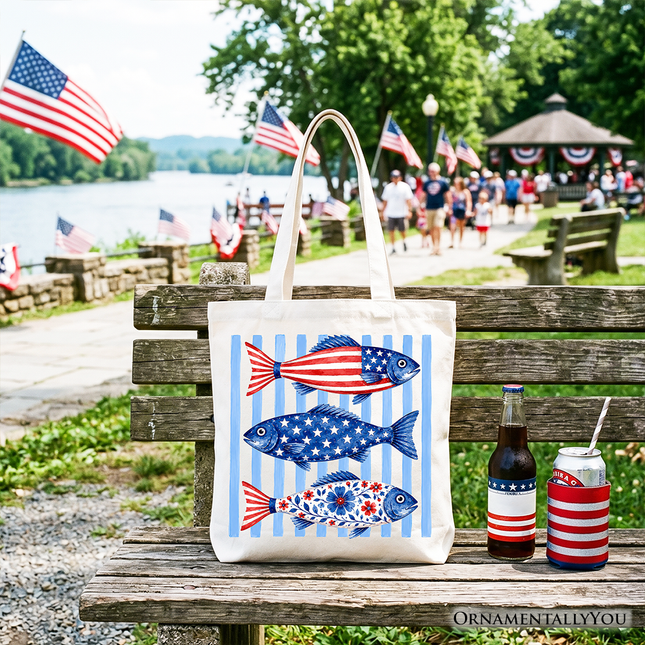 Patriotic Fish Striped Tote Bag, 4th of July Beach Gift Shopper - Dashing Nova