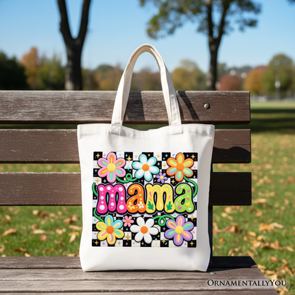 Retro Floral Mama Printed Faux Yarn Tote Bag, Colorful Mother's Day Gift Shopper - Dashing Nova