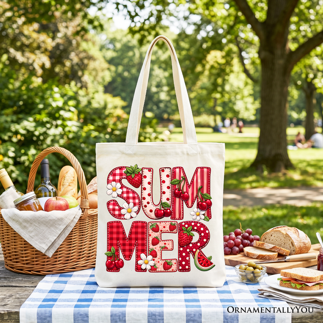 Strawberry Cherry Printed Faux Patchwork Tote Bag, Summer Fruit Picnic Gift Shopper - Dashing Nova