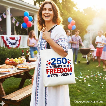250 Years Freedom Faux Varsity Patch Tote Bag, 4th of July USA Patriotic 1776–2026 Gift Shopper - Dashing Nova