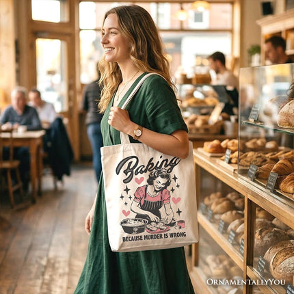 Baking Because Murder Is Wrong Anti-Valentine Tote Bag, Funny Retro Kitchen Gift Shopper - Dashing Nova