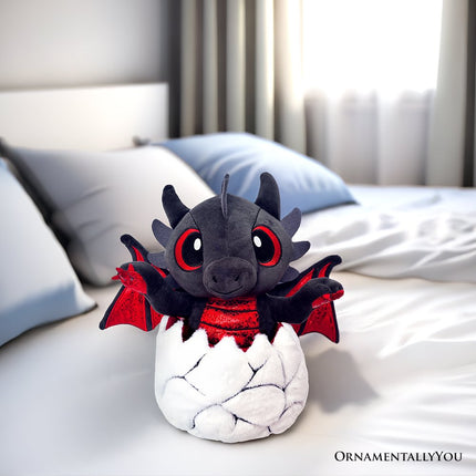 Drogo the Dino in an Egg Plushie, 12" Black and Red Dinosaur Stuffed Animal Gift for Boys and Teens