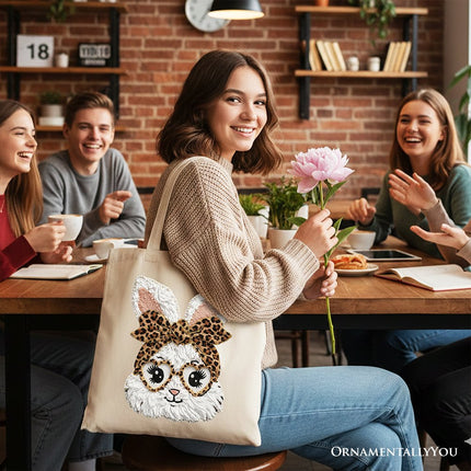 Easter Bunny Leopard Bow Tote Bag, Coquette Printed Faux Embroidery Girly Spring Gift Shopper - Dashing Nova