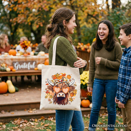 Fall Highland Cow Tote Bag, Messy Bun Howdy Gift Shopper with Autumn Vibes - Dashing Nova