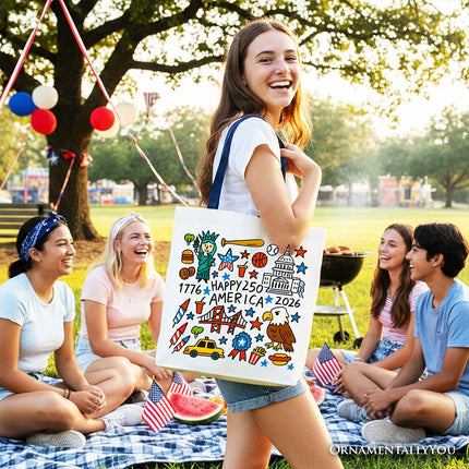 Happy 250 America Doodle Tote Bag, Patriotic USA 1776-2026 250th Anniversary Gift Shopper - Dashing Nova