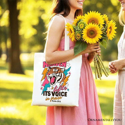 Heaven Lifts its Voice in Praise Christian Tote Bag, Tiger Psalm 191 Bible Verse Gift Shopper - Dashing Nova
