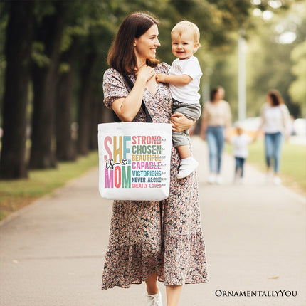 Inspirational Christian Mom Canvas Tote Bag, Affirmation Gift Shopper for Strong and Motivated Mothers