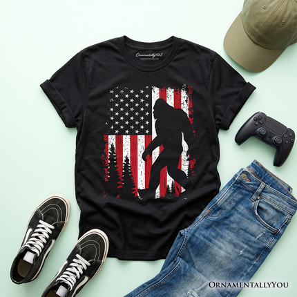 Kids Bigfoot American Flag T-Shirt, Youth Patriotic Sasquatch Tee - Dashing Nova