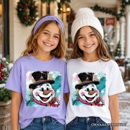 Kids Brushstroke Cute Snowman T-Shirt, Preppy Youth Merry Christmas Glitter Holiday Tee - Dashing Nova