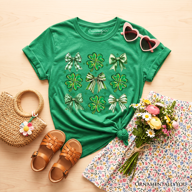 Kids Coquette Clover Bows St Patrick's Day T-Shirt, Green Irish Lucky Shamrock Tee for Youth - Dashing Nova