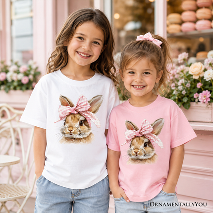 Kids Easter Bunny Coquette Pink Bow T-Shirt, Cute Watercolor Spring Tee for Youth Girls - Dashing Nova