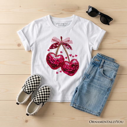 Kids Sequin Pink Cherry Heart Valentine T-Shirt, Mood for Love Coquette Tee for Youth Girls - Dashing Nova