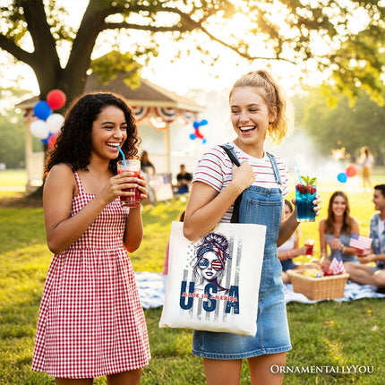 Made in America Messy Bun Tote Bag, Retro 4th of July White Patriotic Gift Shopper - Dashing Nova