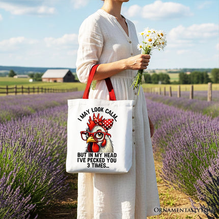Pecking Chicken Tote Bag, Red Glasses and Bow White Gift Shopper for Sassy Women - Dashing Nova