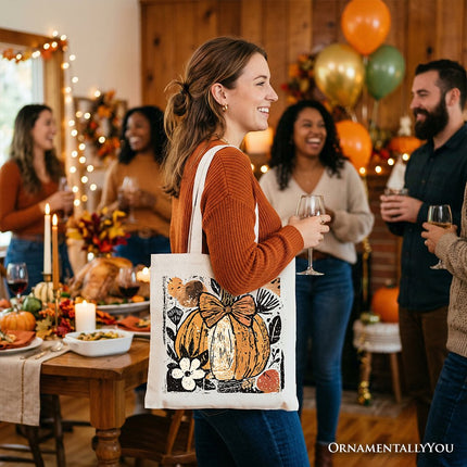 Pumpkin Fall Floral Tote Bag, Thanksgiving Coquette Bow Gift Shopper - Dashing Nova