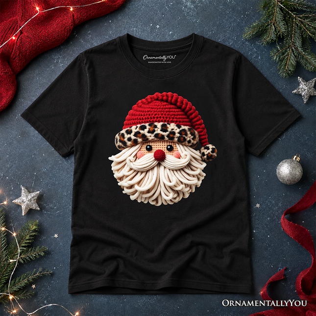 Kids Santa Leopard Hat Christmas T-Shirt, Imitation Latch Hook Yarn Cozy Youth Tee - Dashing Nova