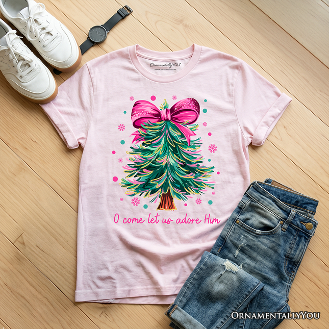 Kids Glitter Christmas Tree Coquette Bow T-Shirt, O Come Let Us Adore Him Holiday Youth Tee - Dashing Nova