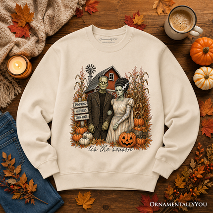 Frankenstein Couple Pumpkin Patch Sweatshirt, Vintage Halloween Fall Festival Sweater
