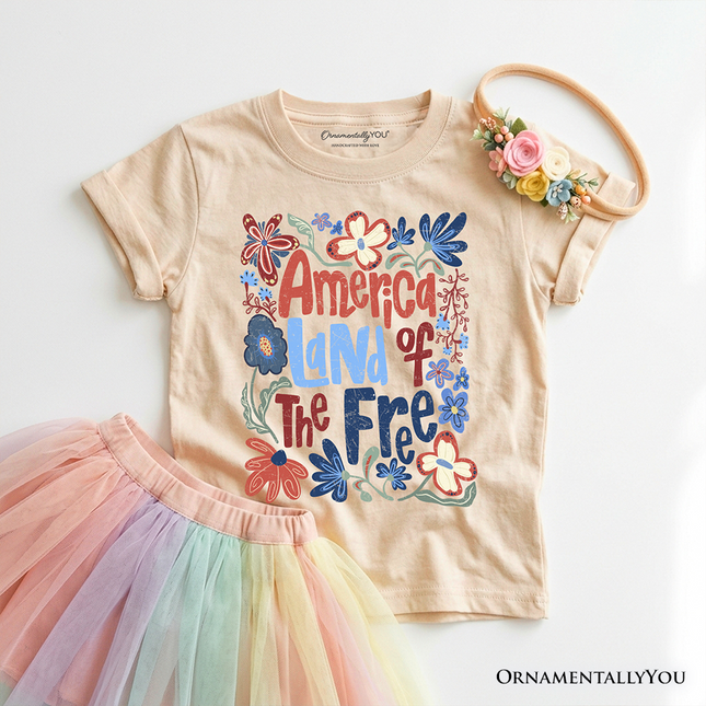 Kids America Land of the Free T-Shirt, Retro Youth Floral Independence Day Tee - Dashing Nova