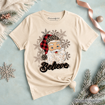Kids Believe Santa Buffalo Plaid T-Shirt, Retro Christmas Youth Tee - Dashing Nova