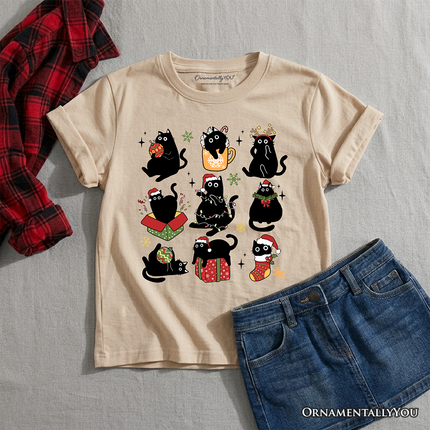 Kids Christmas Black Cats T-Shirt, Whimsical Cats with Santa Hat Youth Tee - Dashing Nova