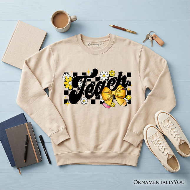 Teach Checkered Coquette Bow Sweatshirt, Retro Sweater for Trendy Teachers - Dashing Nova