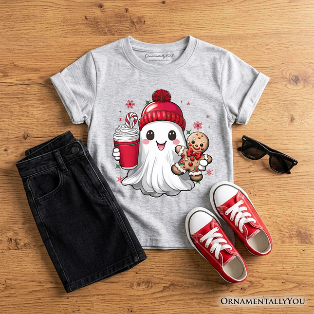 Kids Cute Ghost Christmas T-Shirt, Adorable Gingerbread and Cocoa Holiday Youth Tee - Dashing Nova