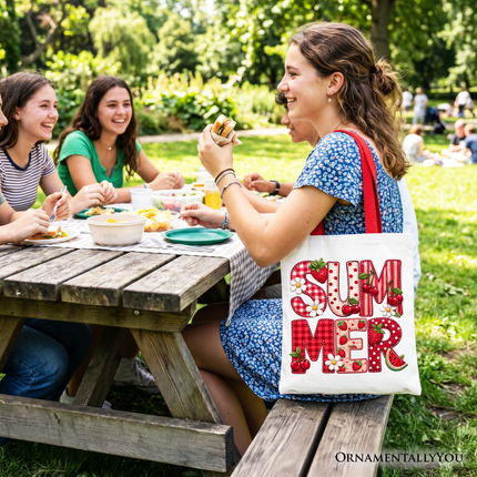 Strawberry Cherry Printed Faux Patchwork Tote Bag, Summer Fruit Picnic Gift Shopper - Dashing Nova