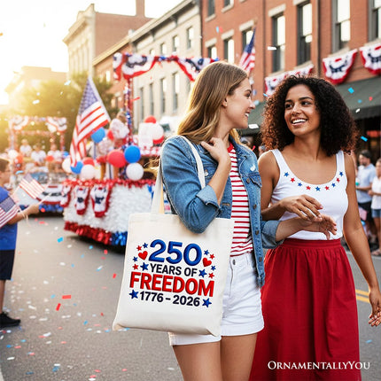 250 Years Freedom Faux Varsity Patch Tote Bag, 4th of July USA Patriotic 1776–2026 Gift Shopper - Dashing Nova