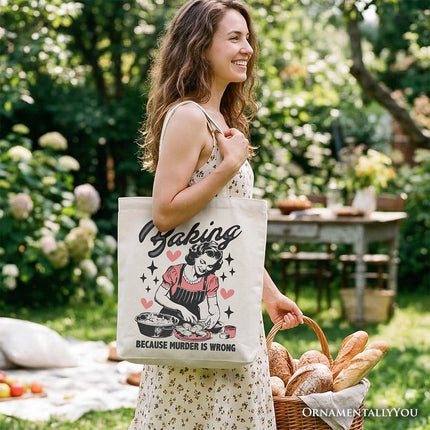 Baking Because Murder Is Wrong Anti-Valentine Tote Bag, Funny Retro Kitchen Gift Shopper - Dashing Nova