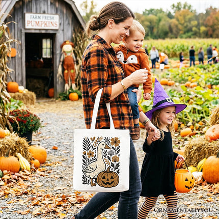 Boho Goose Halloween Pumpkin Tote Bag, Spooky Fall Floral Gift Shopper - Dashing Nova