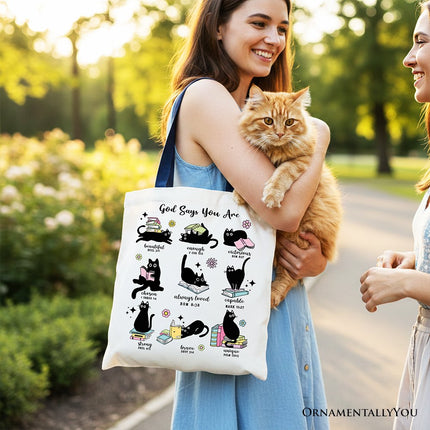 Book Cat God Says I Am Tote Bag, Christian Bible Verse Faith Gift Shopper - Dashing Nova