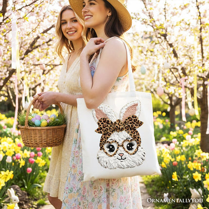 Easter Bunny Leopard Bow Tote Bag, Coquette Printed Faux Embroidery Girly Spring Gift Shopper - Dashing Nova