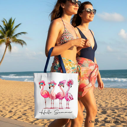 Flamingo Hello Summer Canvas Tote Bag, Retro Gift Shopper with Tropical Birds