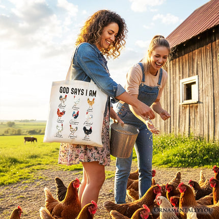 God Says I Am Christian Tote Bag, Rooster and Chicken Gift Shopper for Farm Style Lovers - Dashing Nova