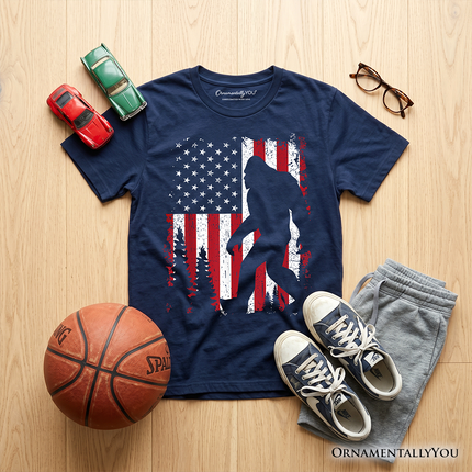 Kids Bigfoot American Flag T-Shirt, Youth Patriotic Sasquatch Tee - Dashing Nova