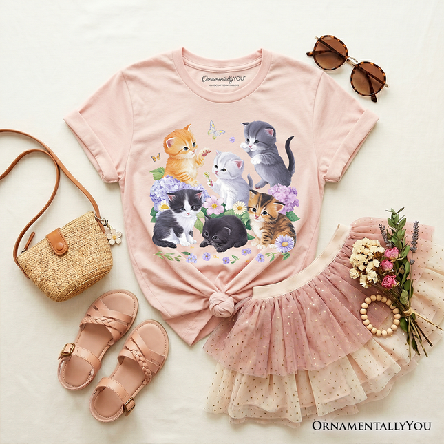 Kids Cute Baby Cats Wildflower T-Shirt, Cottagecore Botanical Cat Youth Tee - Dashing Nova