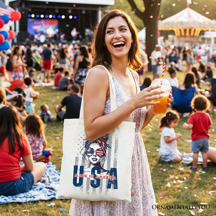 Made in America Messy Bun Tote Bag, Retro 4th of July White Patriotic Gift Shopper - Dashing Nova