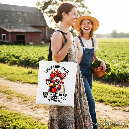 Pecking Chicken Tote Bag, Red Glasses and Bow White Gift Shopper for Sassy Women - Dashing Nova