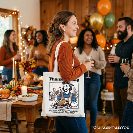 Thanksgiving Family Dysfunction Retro Tote Bag, Funny Holiday Humor Gift Shopper for Sarcastic Families - Dashing Nova
