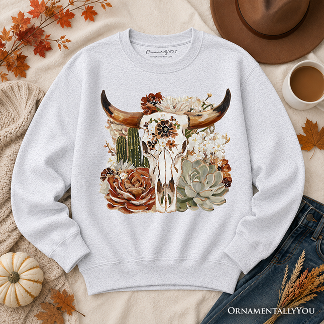 Boho Floral Cow Skull Sweatshirt, Western Autumn Cowgirl Sweater - Dashing Nova