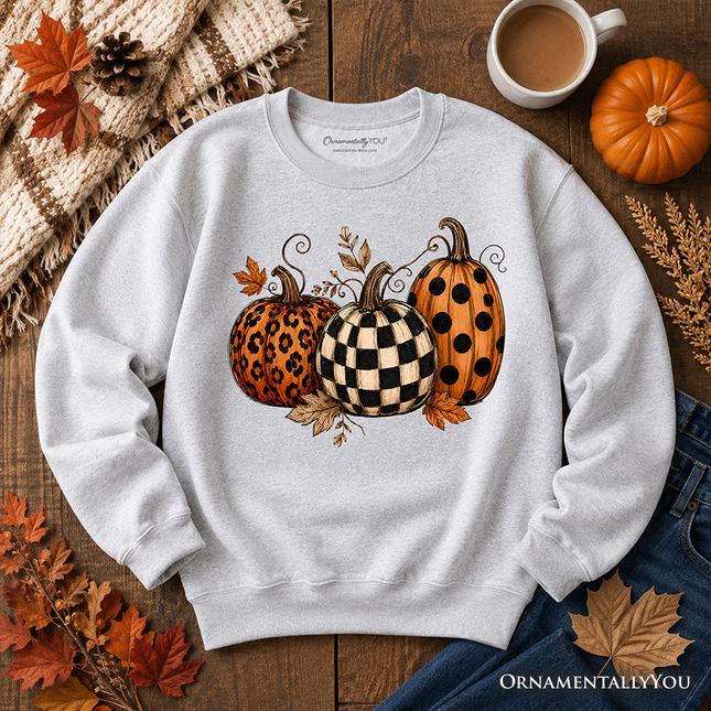 Leopard Checkered Pumpkin Sweatshirt, Autumn Fall Sweater - Dashing Nova