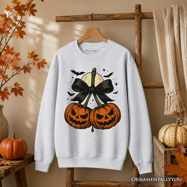 Pumpkin Cherries Coquette Bow Sweatshirt, Retro Halloween Fall Season Sweater for Sweet Autumn Girls - Dashing Nova